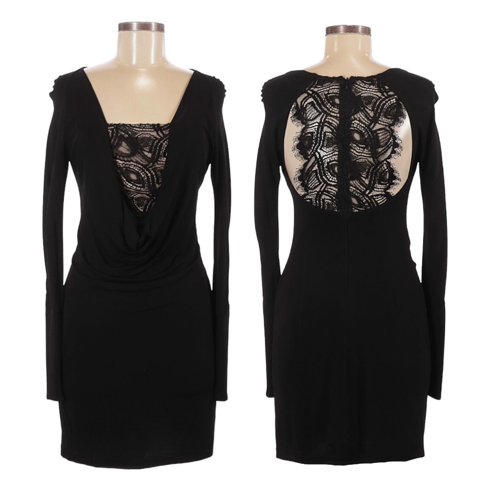 Maria Bianca Nero Black Lace Open Back Bodycon Mini Dress Small Cowl Neck L/S